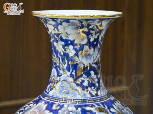 Bình tỏi men lam cảnh Rồng Phượng vẽ vàng 24k, cao 42cm