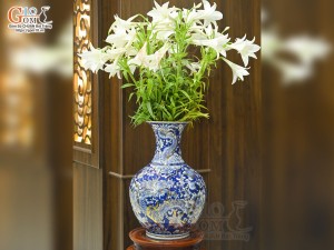 Bình tỏi men lam cảnh Rồng Phượng vẽ vàng 24k, cao 42cm