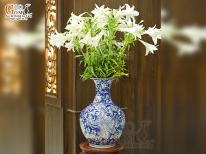 Bình tỏi men lam cảnh Rồng Phượng vẽ vàng 24k, cao 42cm