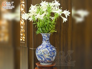 Bình tỏi men lam cảnh Rồng Phượng vẽ vàng 24k, cao 42cm