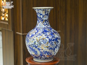 Bình tỏi men lam cảnh Rồng Phượng vẽ vàng 24k, cao 42cm