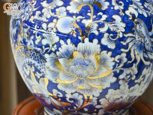 Bình tỏi men lam cảnh Rồng Phượng vẽ vàng 24k, cao 42cm