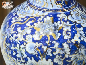 Bình tỏi men lam cảnh Rồng Phượng vẽ vàng 24k, cao 42cm