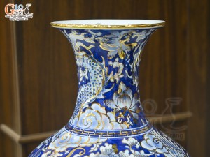 Bình tỏi men lam cảnh Rồng Phượng vẽ vàng 24k, cao 42cm