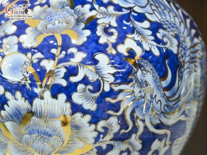 Bình tỏi men lam cảnh Rồng Phượng vẽ vàng 24k, cao 42cm