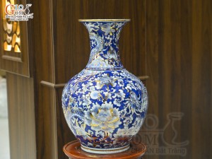 Bình tỏi men lam cảnh Rồng Phượng vẽ vàng 24k, cao 42cm