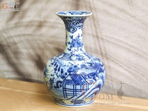 Bình tỏi men lam cổ vẽ cảnh Sơn Thủy, cao 26cm