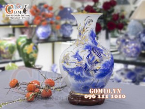 Bình tỏi men lam cổ vẽ vàng 24k, cảnh Sen Hạc cao 45cm