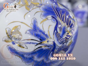 Bình tỏi men lam cổ vẽ vàng 24k, cảnh Sen Hạc cao 45cm