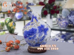 Bình tỏi men lam cổ vẽ vàng 24k, cảnh Sen Hạc cao 45cm