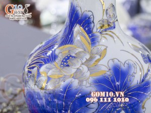 Bình tỏi men lam cổ vẽ vàng 24k, cảnh Sen Hạc cao 45cm