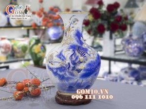 Bình tỏi men lam cổ vẽ vàng 24k, cảnh Sen Hạc cao 45cm