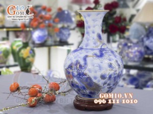 Bình tỏi men lam cổ vẽ vàng 24k, cảnh Sen Hạc Phú Quý cao 45cm