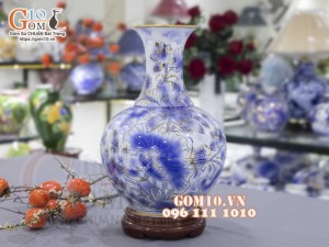 Bình tỏi men lam cổ vẽ vàng 24k, cảnh Sen Hạc Phú Quý cao 45cm