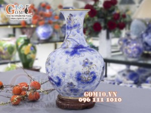 Bình tỏi men lam cổ vẽ vàng 24k, cảnh Sen Hạc Phú Quý cao 45cm