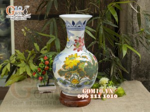Bình tỏi men lam vẽ Sen Hạc Phú Quý, cao 42cm (Hàng Kĩ)