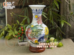 Bình tỏi men lam vẽ Sen Hạc Phú Quý, cao 42cm (Hàng Kĩ)