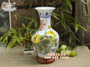 Bình tỏi men lam vẽ Sen Hạc Phú Quý, cao 42cm (Hàng Kĩ)