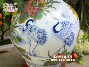 Bình tỏi men lam vẽ Sen Hạc Phú Quý, cao 42cm (Hàng Kĩ)