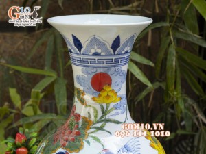 Bình tỏi men lam vẽ Sen Hạc Phú Quý, cao 42cm (Hàng Kĩ)