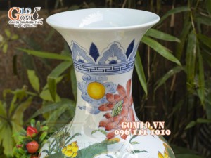 Bình tỏi men lam vẽ Sen Hạc Phú Quý, cao 42cm (Hàng Kĩ)