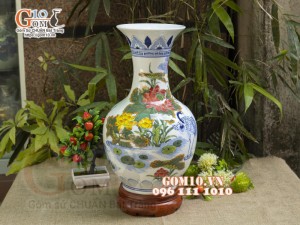 Bình tỏi men lam vẽ Sen Hạc Phú Quý, cao 42cm (Hàng Kĩ)