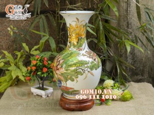 Bình tỏi men lam vẽ vàng 24k, cảnh Sen Phú Quý, cao 42cm