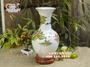 Bình tỏi men lam vẽ vàng 24k, cảnh Sen Phú Quý, cao 42cm