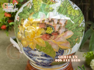 Bình tỏi men lam vẽ vàng 24k, cảnh Sen Phú Quý, cao 42cm