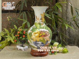 Bình tỏi men lam vẽ vàng 24k, cảnh Sen Phú Quý, cao 42cm