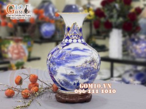 Bình tỏi men lam vẽ vàng 24k, Nhị cảnh Sơn Thủy Hữu Tình, cao 45cm