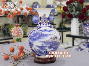 Bình tỏi men lam vẽ vàng 24k, Nhị cảnh Sơn Thủy Hữu Tình, cao 45cm