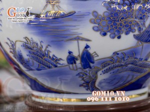 Bình tỏi men lam vẽ vàng 24k, Nhị cảnh Sơn Thủy Hữu Tình, cao 45cm
