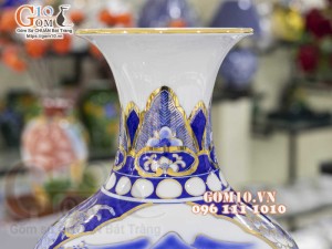 Bình tỏi men lam vẽ vàng 24k, Nhị cảnh Sơn Thủy Hữu Tình, cao 45cm