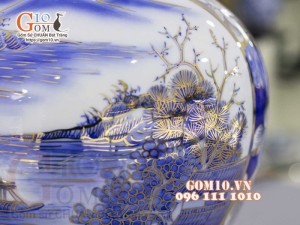 Bình tỏi men lam vẽ vàng 24k, Nhị cảnh Sơn Thủy Hữu Tình, cao 45cm