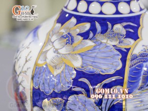 Bình tỏi men lam vẽ vàng 24k, Nhị cảnh Sơn Thủy Hữu Tình, cao 45cm