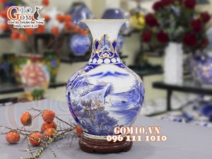 Bình tỏi men lam vẽ vàng 24k, Nhị cảnh Sơn Thủy Hữu Tình, cao 45cm