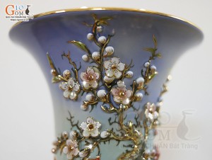 Bình tỏi men vân mây đắp nổi Công Đào Phú Quý kênh vẽ vàng 24k, cao 60cm