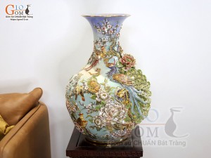 Bình tỏi men vân mây đắp nổi Công Đào Phú Quý kênh vẽ vàng 24k, cao 60cm