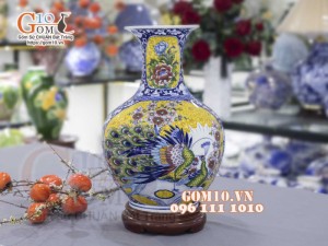 Bình tỏi men màu họa tiết 2 mặt vẽ Công Đào Phú Quý và Thuận Buồm Xuôi Gió cao 45cm