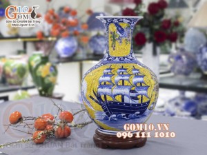 Bình tỏi men màu họa tiết 2 mặt vẽ Công Đào Phú Quý và Thuận Buồm Xuôi Gió cao 45cm
