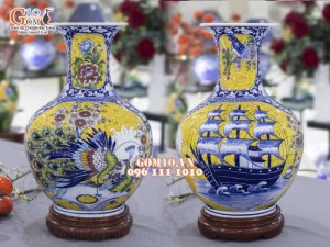 Bình tỏi men màu họa tiết 2 mặt vẽ Công Đào Phú Quý và Thuận Buồm Xuôi Gió cao 45cm