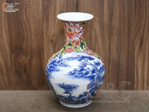 Bình tỏi men màu họa tiết 2 mặt vẽ Sơn Thủy và Công Đào cao 45cm