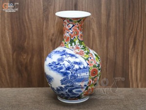 Bình tỏi men màu họa tiết 2 mặt vẽ Sơn Thủy và Công Đào cao 45cm