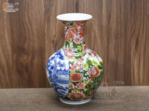 Bình tỏi men màu họa tiết 2 mặt vẽ Sơn Thủy và Công Đào cao 45cm