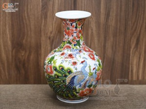 Bình tỏi men màu họa tiết 2 mặt vẽ Sơn Thủy và Công Đào cao 45cm