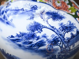 Bình tỏi men màu họa tiết 2 mặt vẽ Sơn Thủy và Công Đào cao 45cm