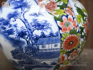 Bình tỏi men màu họa tiết 2 mặt vẽ Sơn Thủy và Công Đào cao 45cm