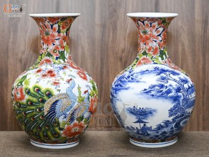Bình tỏi men màu họa tiết 2 mặt vẽ Sơn Thủy và Công Đào cao 45cm