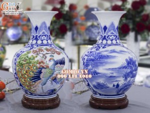 Bình tỏi men màu họa tiết 2 mặt vẽ Sơn Thủy và Công Đào cao 45cm